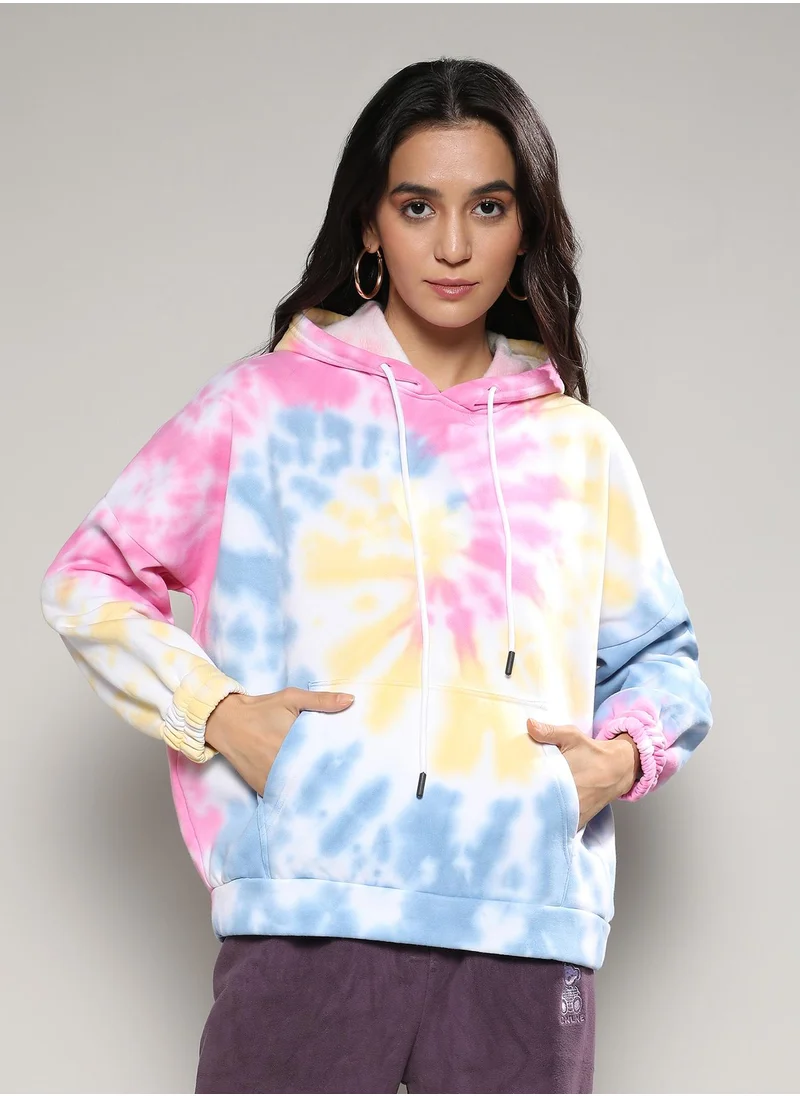 Campus Sutra Women's Powder Blue & Blush Pink Oversized Tie-Dye Hoodie