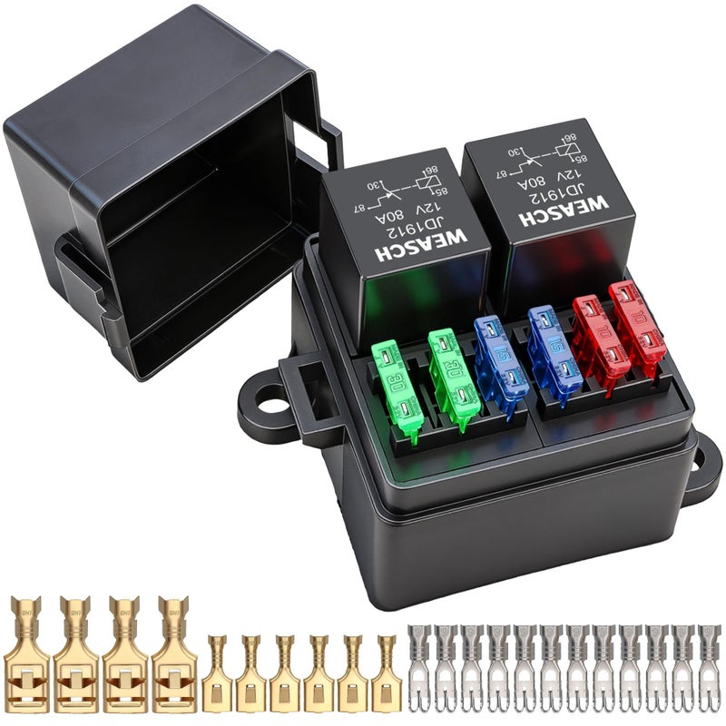 Weasch 12V 6 Way Fuse Relay Box 2 Relays and 6 ATCATO Blade Fuses 4Pin 80A Relay Block and Kit for Cars Truck Marine Boat Jeep - Image 3