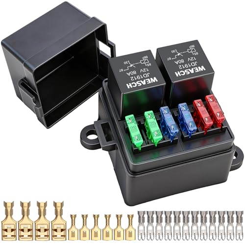 Weasch 12V 6 Way Fuse Relay Box 2 Relays and 6 ATCATO Blade Fuses 4Pin 80A Relay Block and Kit for Cars Truck Marine Boat Jeep - Image 1