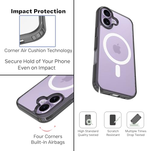 RIGGEAR Shockproof Clear Hybrid Armor Magnetic Back Cover Case Compatible with MagSafe Accessories for iPhone 17 (Clear-Black TPU Bumper + Transparent PC) (White MagRing) - Image 3