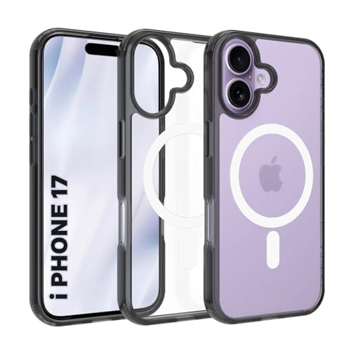 RIGGEAR Shockproof Clear Hybrid Armor Magnetic Back Cover Case Compatible with MagSafe Accessories for iPhone 17 (Clear-Black TPU Bumper + Transparent PC) (White MagRing) - Image 1