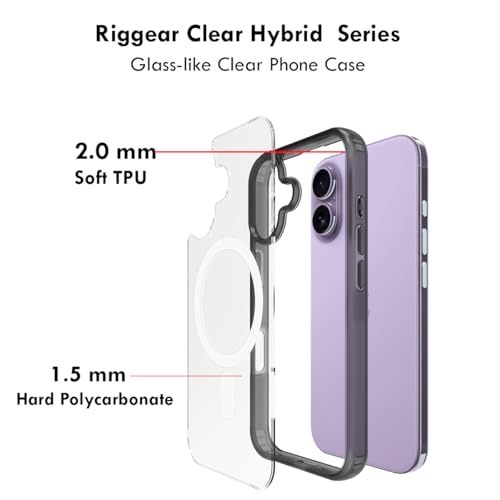 RIGGEAR Shockproof Clear Hybrid Armor Magnetic Back Cover Case Compatible with MagSafe Accessories for iPhone 17 (Clear-Black TPU Bumper + Transparent PC) (White MagRing) - Image 4