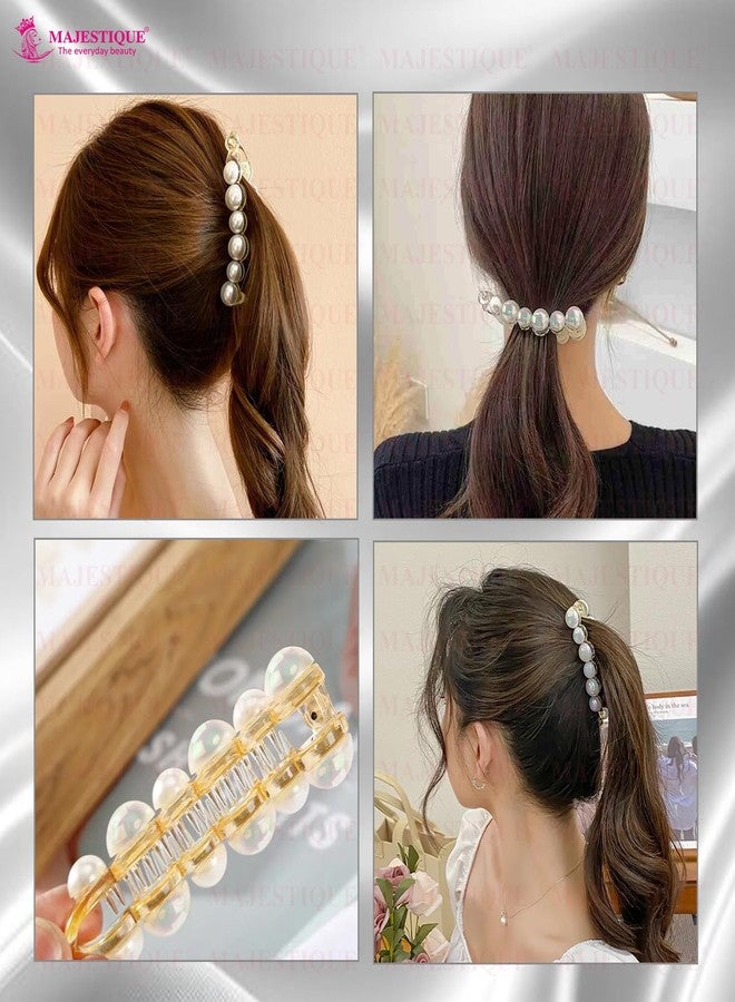 Majestique Stylish White Pearl Banana Ponytail Holder Thick Fine Hair Clutchers French Barrettes Teeth Inside Slide Jaw Clips Wedding Designer Fancy Hair Clips For Women & Girls | (Pack of 2) - Image 4
