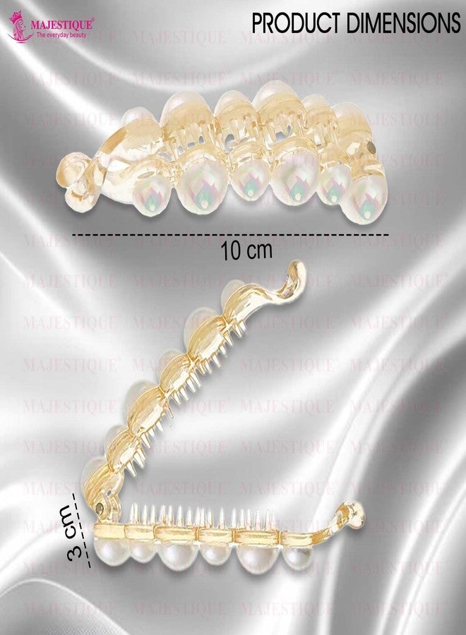 Majestique Stylish White Pearl Banana Ponytail Holder Thick Fine Hair Clutchers French Barrettes Teeth Inside Slide Jaw Clips Wedding Designer Fancy Hair Clips For Women & Girls | (Pack of 2) - Image 2
