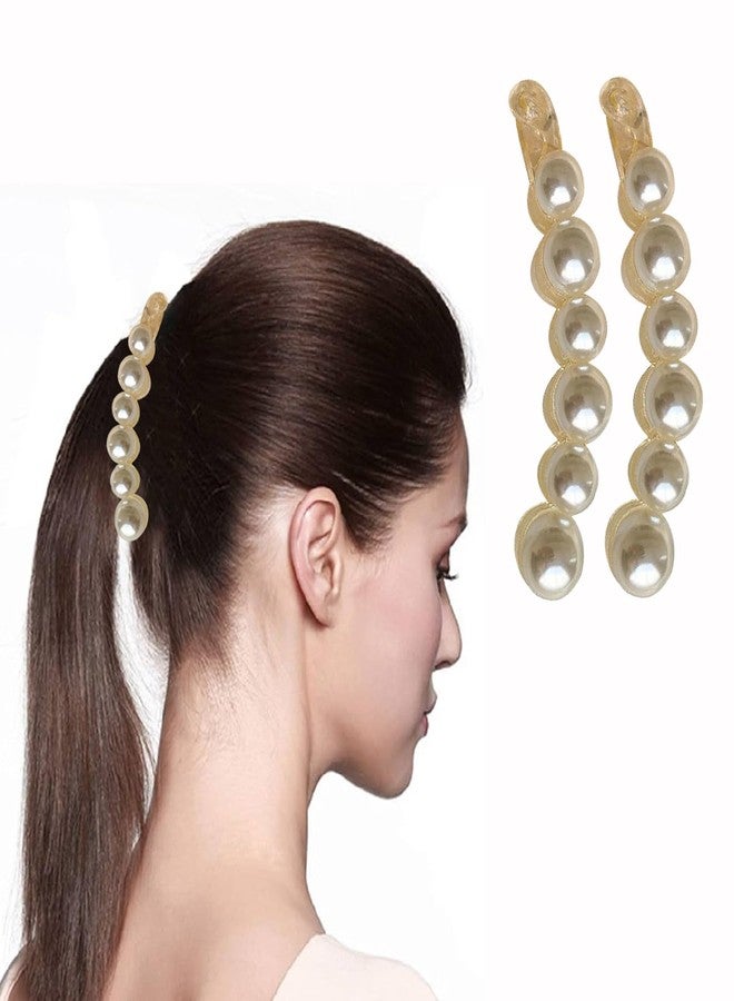 Majestique Stylish White Pearl Banana Ponytail Holder Thick Fine Hair Clutchers French Barrettes Teeth Inside Slide Jaw Clips Wedding Designer Fancy Hair Clips For Women & Girls | (Pack of 2) - Image 1