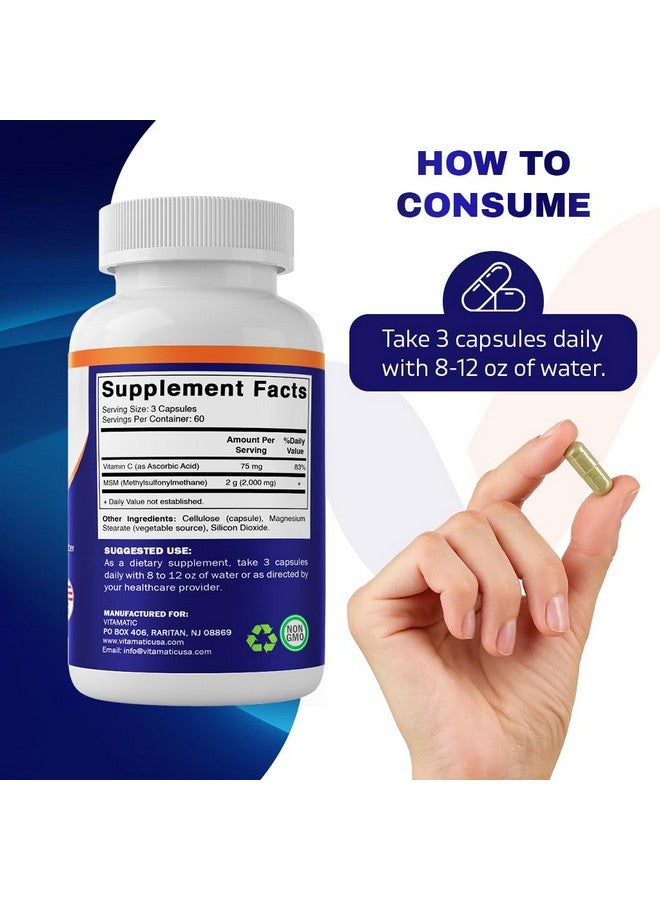 Vitamatic MSM 2000 mg with Vitamin C 75mg per Serving - 180 Veg Capsules - Vitamin C Aid in Better absopriton of MSM (Methylsulfonylmethane) - Non-GMO & Gluten Free - Image 4