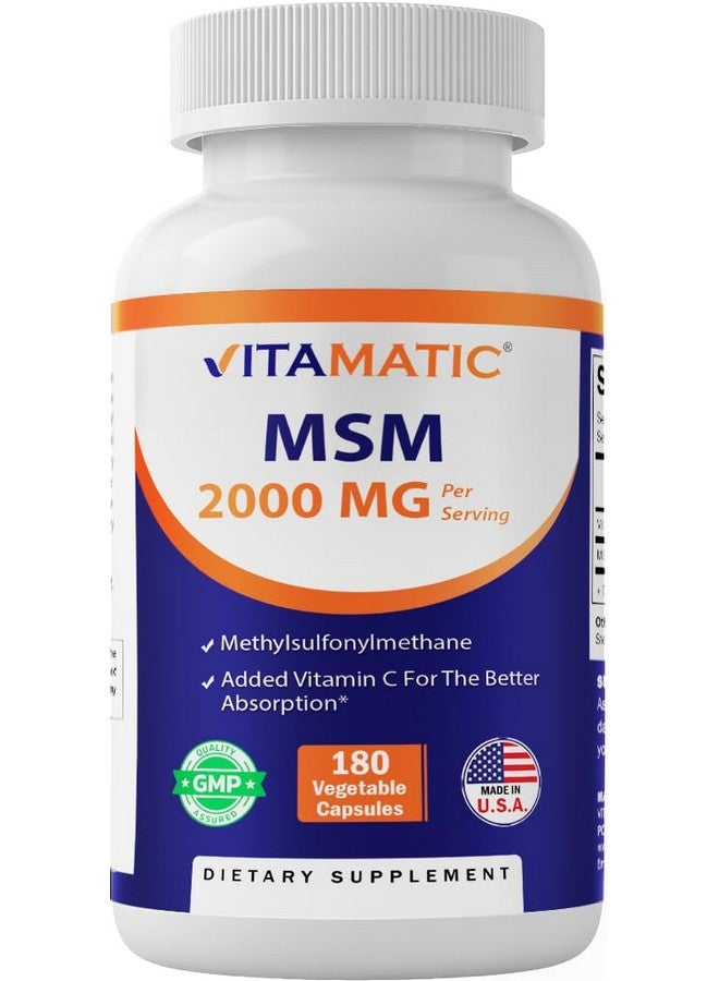 Vitamatic MSM 2000 mg with Vitamin C 75mg per Serving - 180 Veg Capsules - Vitamin C Aid in Better absopriton of MSM (Methylsulfonylmethane) - Non-GMO & Gluten Free - Image 1