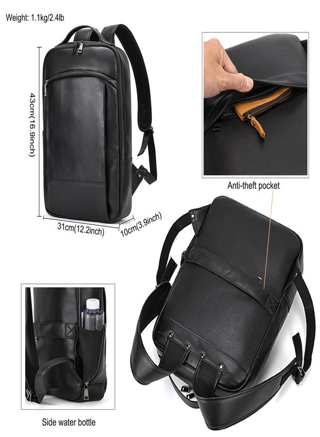 LUUFAN Genuine Leather Shoulder Bag for Men Casual Laptop Backpack Daypack Rucksack Business Travel Outdoor Bag with Trolley Sleeve, Black - Image 5