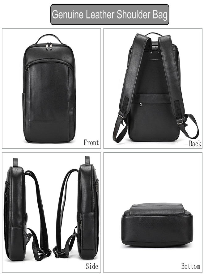LUUFAN Genuine Leather Shoulder Bag for Men Casual Laptop Backpack Daypack Rucksack Business Travel Outdoor Bag with Trolley Sleeve, Black - Image 2