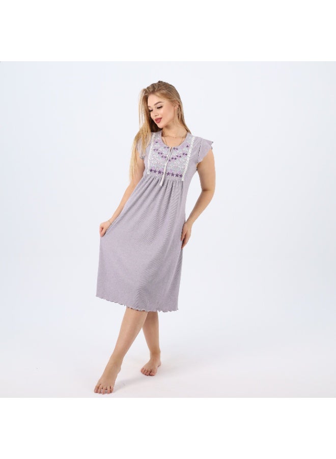 zecotex  Summer Short Ribbed Cotton Nightdress with Colorful Embroidery – Lightweight & Breathable Sleepwear  - Image 2