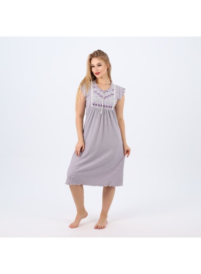zecotex  Summer Short Ribbed Cotton Nightdress with Colorful Embroidery – Lightweight & Breathable Sleepwear  - Image 3