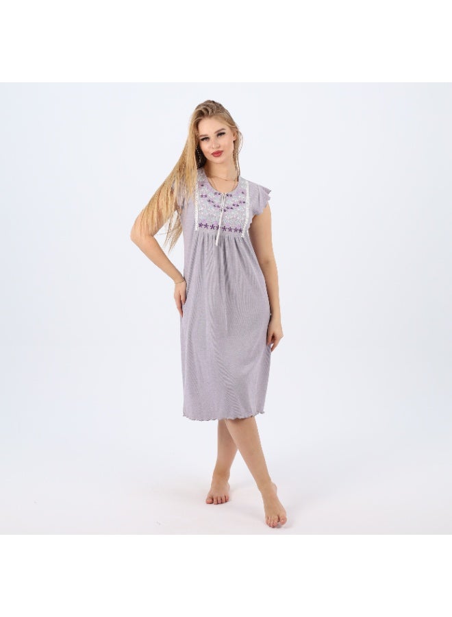 zecotex  Summer Short Ribbed Cotton Nightdress with Colorful Embroidery – Lightweight & Breathable Sleepwear  - Image 1