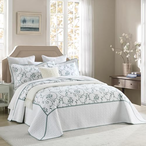 FineStichery Oversized King Bedspread 120x120 100 Cotton California King Quilt Embroidered Bedspread Coverlet with Pillow Shams Lightweight Quilted Bedding Set 3 Piece Aqua BlueWhite - Image 3