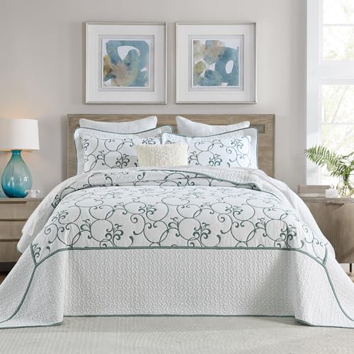 FineStichery Oversized King Bedspread 120x120 100 Cotton California King Quilt Embroidered Bedspread Coverlet with Pillow Shams Lightweight Quilted Bedding Set 3 Piece Aqua BlueWhite - Image 1