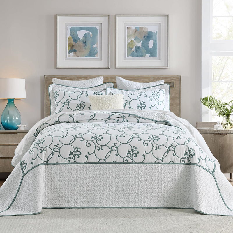 FineStichery Oversized King Bedspread 120x120 100 Cotton California King Quilt Embroidered Bedspread Coverlet with Pillow Shams Lightweight Quilted Bedding Set 3 Piece Aqua BlueWhite - Image 2