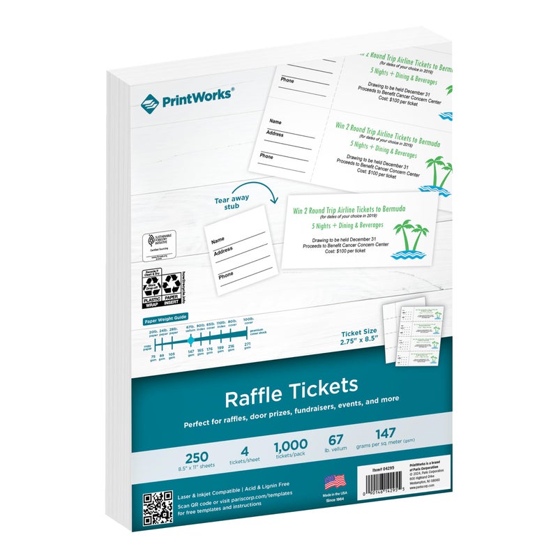 PrintWorks Printable Raffle Tickets With TearAway Stubs for Events Fundraisers 1000 Custom Tickets Size 275 x 85 4 per Sheet 250 Sheets 85 x 11 Made in the USA White 04295