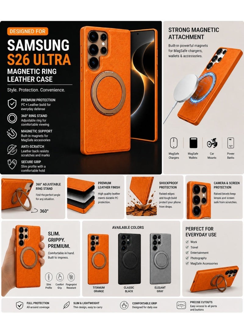 NOVA TECH Samsung Galaxy S26 Ultra Ring Stand Leather Case, Magnetic Shockproof Cover with Kickstand Holder - Image 2