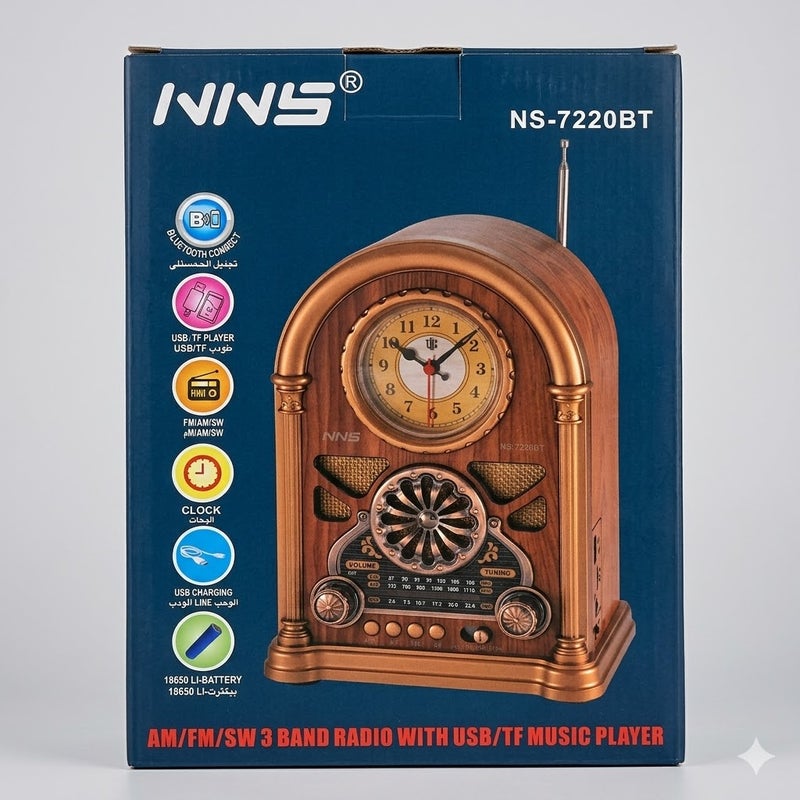 NNS Vintage Wooden Radio with USB/TF Music Player, MP3 Support, Clock Function, Rechargeable 1200mAh Battery, Model NS-7220BT - Image 2