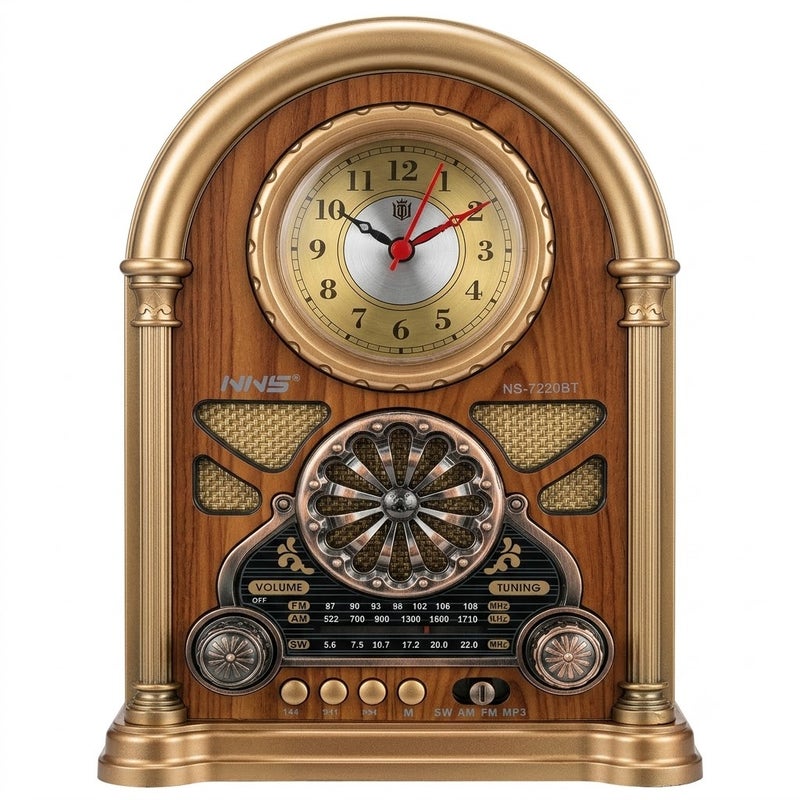 NNS Vintage Wooden Radio with USB/TF Music Player, MP3 Support, Clock Function, Rechargeable 1200mAh Battery, Model NS-7220BT - Image 1