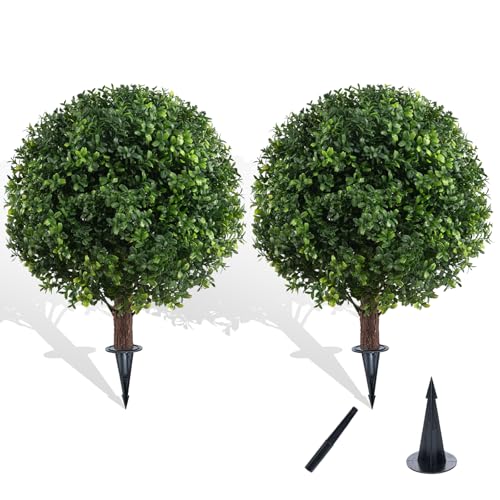 Chillchard Set of 2 Artificial Boxwood Ball Trees for Outdoor with Spike, UV Resistant Faux Topiary Ball, Fake Plants Greenery Round Shrubs Bushes for Entryway Front Porch Decor - Image 1
