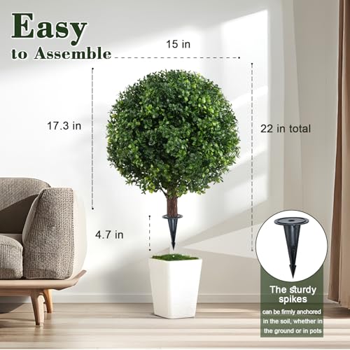 Chillchard Set of 2 Artificial Boxwood Ball Trees for Outdoor with Spike, UV Resistant Faux Topiary Ball, Fake Plants Greenery Round Shrubs Bushes for Entryway Front Porch Decor - Image 2