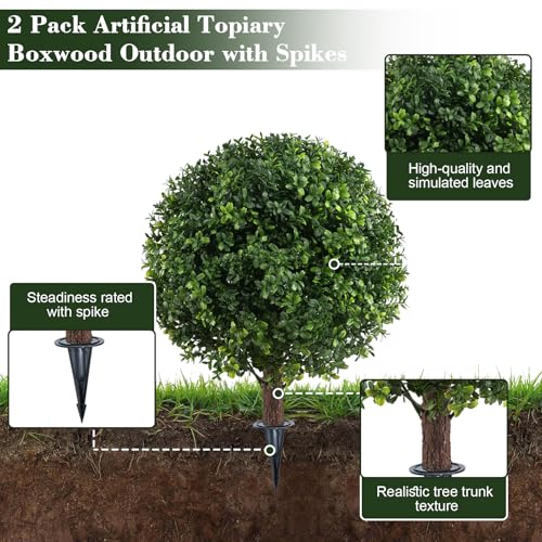 Chillchard Set of 2 Artificial Boxwood Ball Trees for Outdoor with Spike, UV Resistant Faux Topiary Ball, Fake Plants Greenery Round Shrubs Bushes for Entryway Front Porch Decor - Image 3