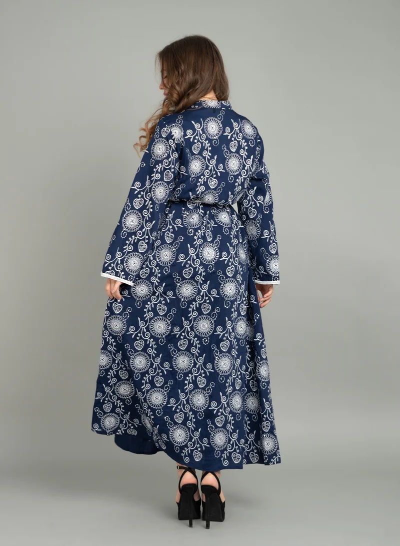 IKKXA Floral Embroidered Tie-Up Jalabiya CJ1037 Blue