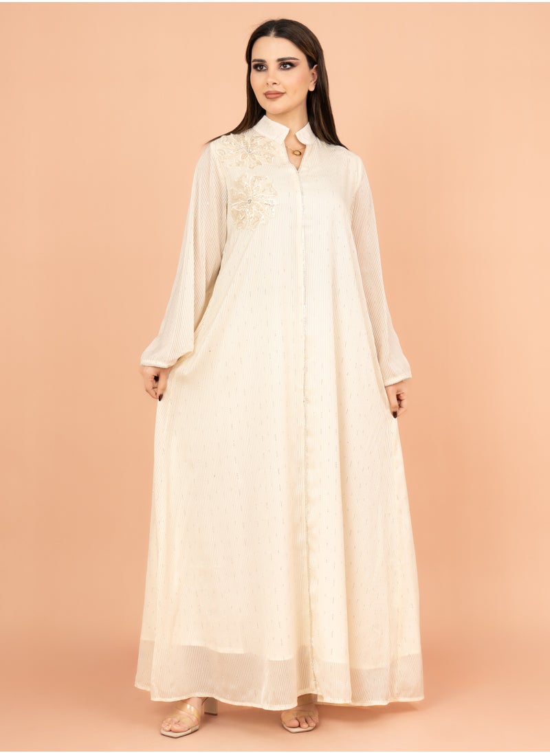 IKKXA Floral Fantasy Crystal Jalabiya with Elegant Stripes IK2018 Beige  - Image 1