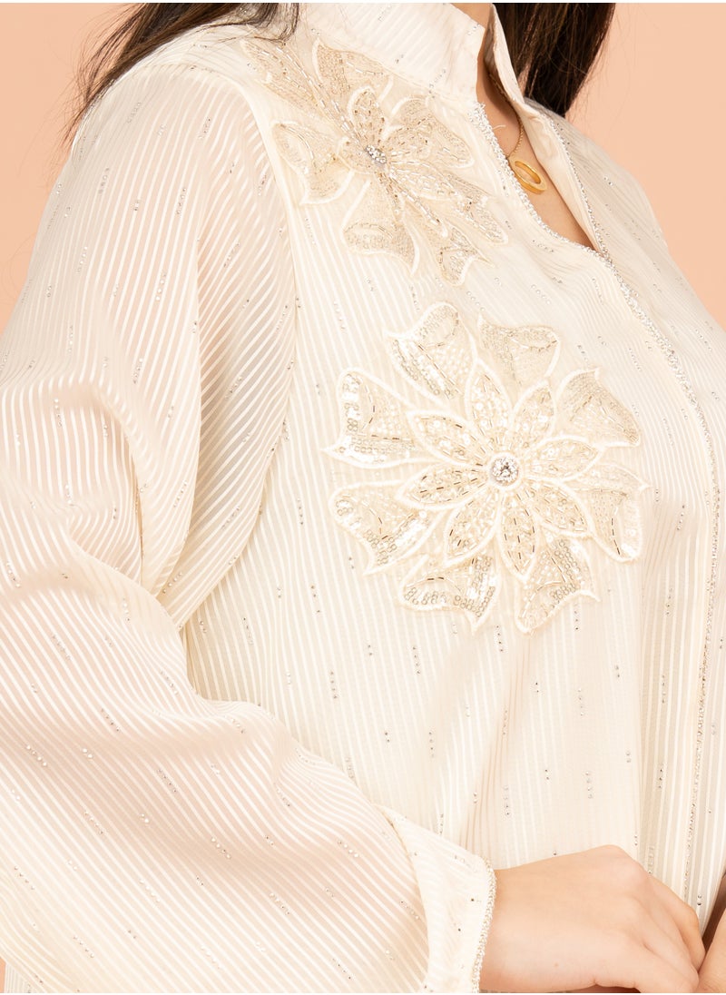 IKKXA Floral Fantasy Crystal Jalabiya with Elegant Stripes IK2018 Beige  - Image 2