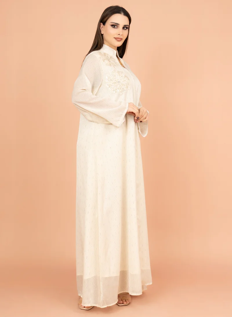 IKKXA Floral Fantasy Crystal Jalabiya with Elegant Stripes IK2018 Beige