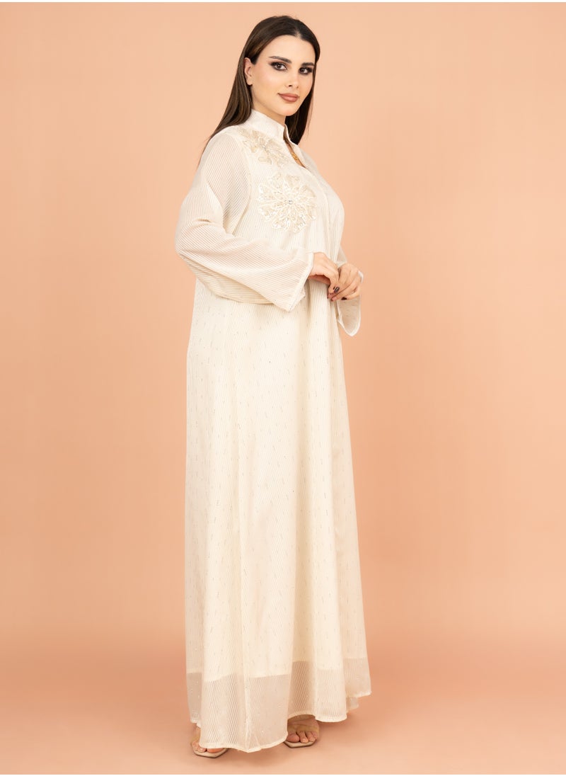 IKKXA Floral Fantasy Crystal Jalabiya with Elegant Stripes IK2018 Beige  - Image 3