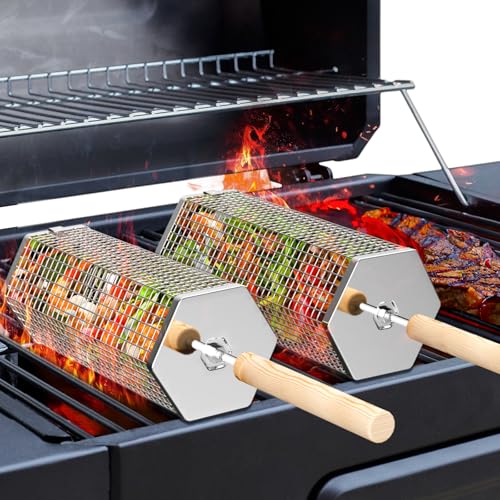 ivtivfu Rolling Grill Basket Removable Wooden Handle 304 Stainless Steel Nesting Grilling Tools Smoker BBQ Accessories for Vegetable Outdoor Cooking Camping Birthday Gifts for Men Dad Husband