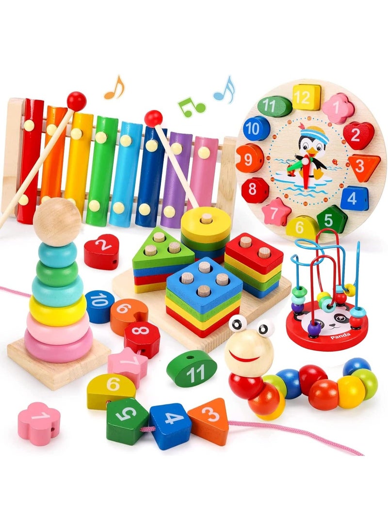 Montessori Toys for 1 2 Year Old Boys Girls, 6 In 1 Kids Wooden Toys Toddler Toys Includes Stacking Sorting Xylophone Bead Maze Baby Boy 3-6 Year,Preschool Educational Toy Gifts - Image 1