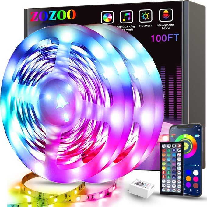 100FT LED LIGHTS FOR BEDROOM2 ROLLS OF 50FT SMART RGB LED STRIP LIGHTS WITH 44KEY REMOTE APP CONTROL MUSIC SYNC WITH COLOR CHANGING FOR HOME PARTY FESTIVAL DECORATION