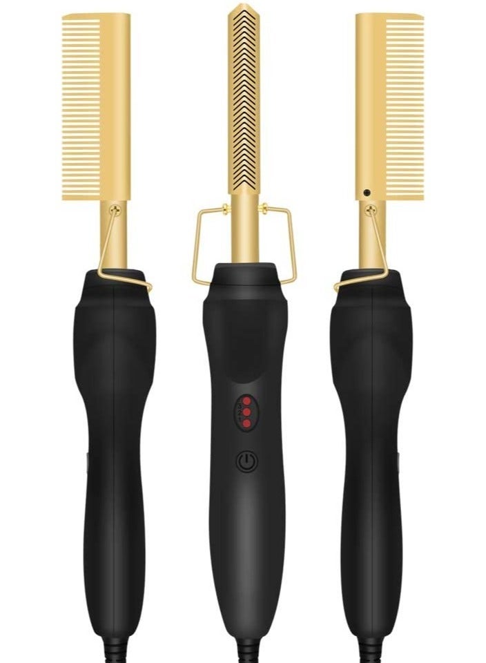 ELTRAZONE Gold Plated Heated Styling Comb Electric Hot Straightening Heat Comb Ceramic Curling Flat Iron Curler Designed Hair Straightener for Natural Black Hair,Wigs - Image 1