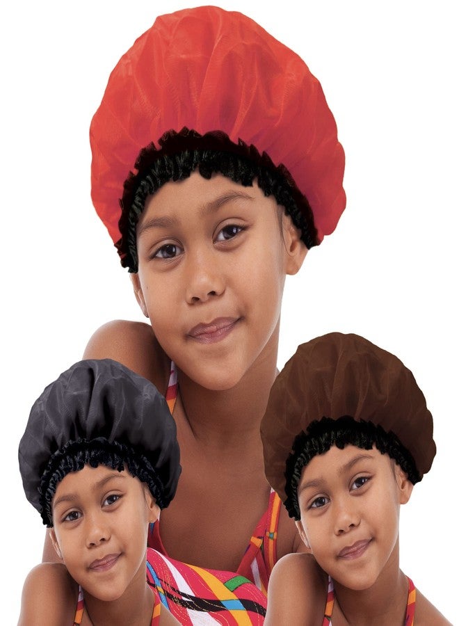 Donna قبعة ساتان للأطفال من دونا، غطاء نوم 3 قطع لغطاء الشعر ساتان ناعم للأطفال (أسود/أحمر/بني) - Image 1