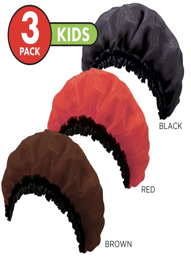 Donna قبعة ساتان للأطفال من دونا، غطاء نوم 3 قطع لغطاء الشعر ساتان ناعم للأطفال (أسود/أحمر/بني) - Image 5