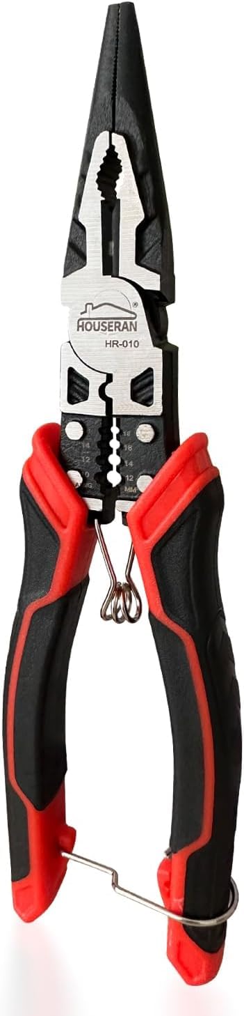 Needle Nose Pliers HOUSERAN Long Needle Nose Pliers with Wire Stripper and Crimper 83 Inch Long Nose Pliers Spring Loaded with Safety Lock 5in1 Needle Nose for Bending Crimping Stripping