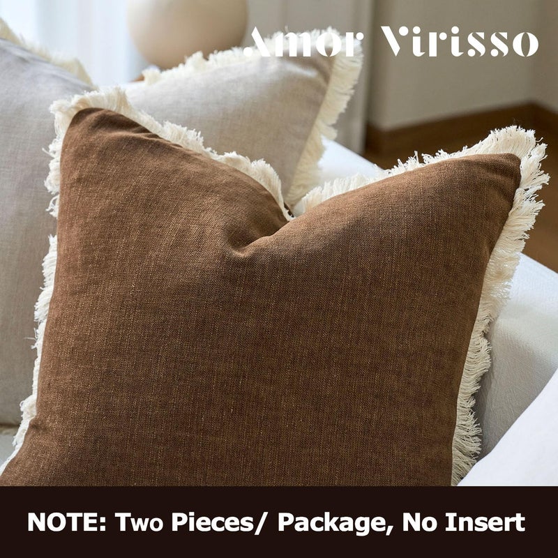 Amor Virisso Fringe Throw Pillow Covers 18x18 Set of 2 Boho Neutral Farmhouse Decorative Pillow Covers with Tassels for Couch Sofa Bed, Brown - Image 3
