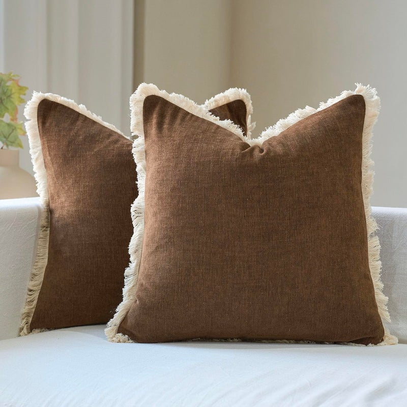 Amor Virisso Fringe Throw Pillow Covers 18x18 Set of 2 Boho Neutral Farmhouse Decorative Pillow Covers with Tassels for Couch Sofa Bed, Brown - Image 1