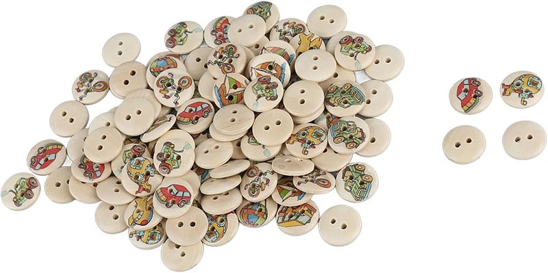 TOPINCN 100pcs Buttons for Sewing, Wooden Buttons Mixed Pattern Round 2 Holes Random Flower Painting Decorative Sewing for DIY Craft (Log Color Car) - Image 3