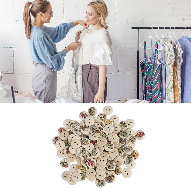 TOPINCN 100pcs Buttons for Sewing, Wooden Buttons Mixed Pattern Round 2 Holes Random Flower Painting Decorative Sewing for DIY Craft (Log Color Car) - Image 2