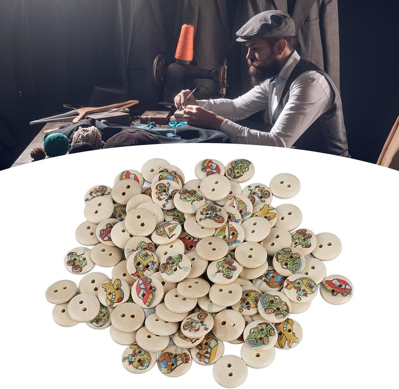 TOPINCN 100pcs Buttons for Sewing, Wooden Buttons Mixed Pattern Round 2 Holes Random Flower Painting Decorative Sewing for DIY Craft (Log Color Car) - Image 4