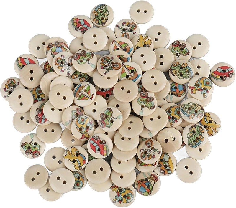 TOPINCN 100pcs Buttons for Sewing, Wooden Buttons Mixed Pattern Round 2 Holes Random Flower Painting Decorative Sewing for DIY Craft (Log Color Car) - Image 1