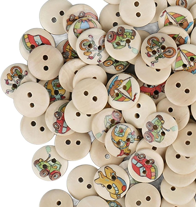 TOPINCN 100pcs Buttons for Sewing, Wooden Buttons Mixed Pattern Round 2 Holes Random Flower Painting Decorative Sewing for DIY Craft (Log Color Car) - Image 5