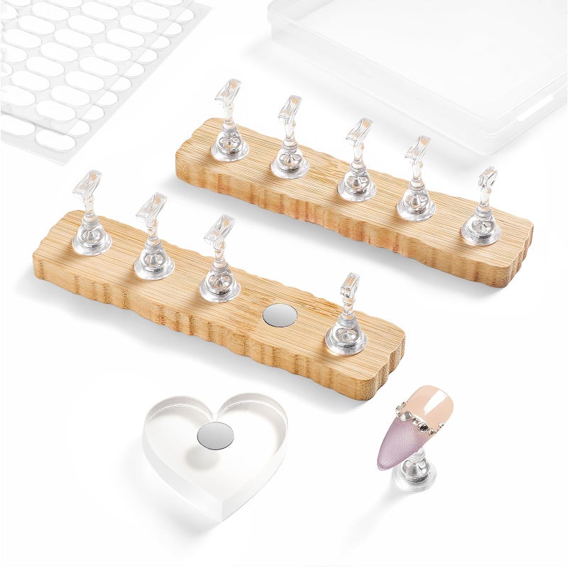 ESUOHYM Nail Stand for Press On Nails Art Display Practice 2 Sets, 1 Heart Shaped Acrylic Magnetic Nail Stands, Fake Nail Holder Tips With 200 PCS Double-Sided Tape, Nail Kit Home DIY Salon Supplies - Image 1