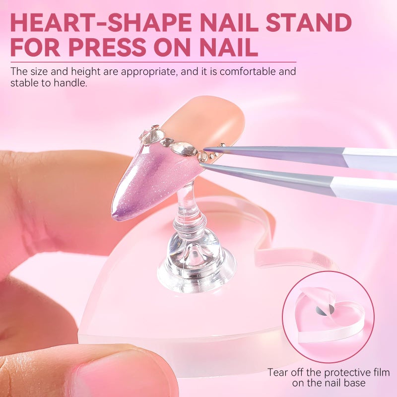 ESUOHYM Nail Stand for Press On Nails Art Display Practice 2 Sets, 1 Heart Shaped Acrylic Magnetic Nail Stands, Fake Nail Holder Tips With 200 PCS Double-Sided Tape, Nail Kit Home DIY Salon Supplies - Image 2