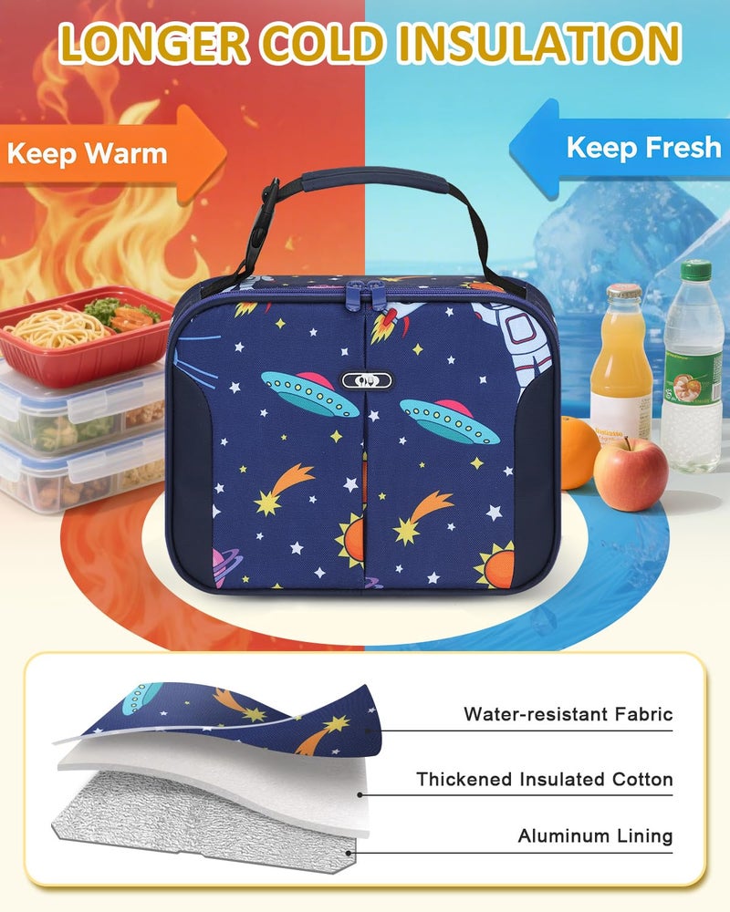Capolo Insulated Lunch Box for Kids, Cute Thermal Lunch Bag for School, Reusable Lunch Tote for Boys and Girls, Durable Cooler Bag with Easy Grab Handle, Lightweight and Easy to Clean,Deep Blue Space - Image 3