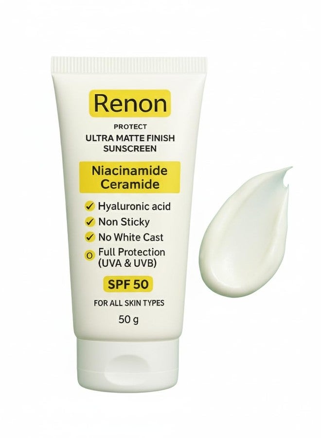 Renon SPF 50 PA+++ Matte Finish Sunscreen for oily Skin | Ceramide + Niacinamide | Non Sticky | No White Cast | - Image 1