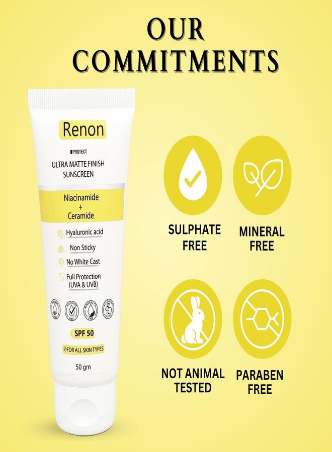 Renon SPF 50 PA+++ Matte Finish Sunscreen for oily Skin | Ceramide + Niacinamide | Non Sticky | No White Cast | - Image 2